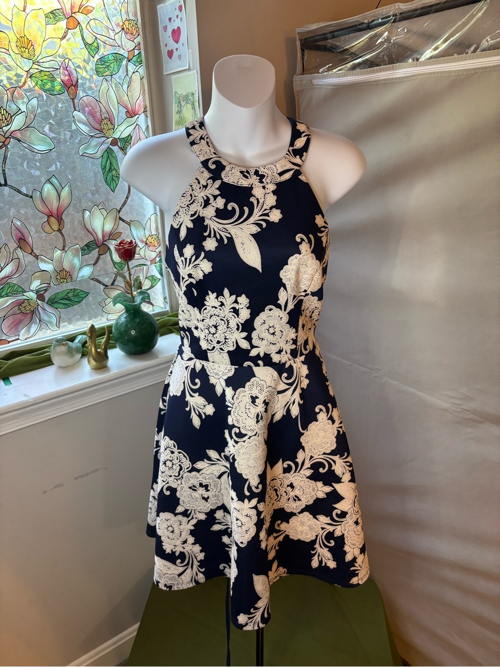 Trixxi Navy Dress with Cream Floral Lace Pattern